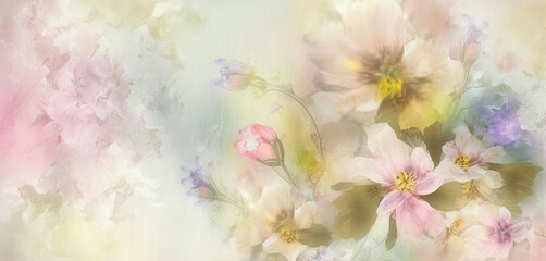 Obraz na płótnie Canvas pastel light background with flowers for spring greeting card. Generative AI