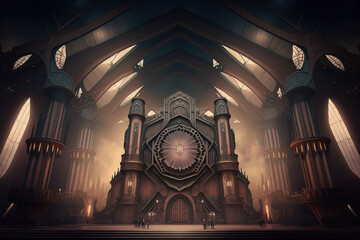A huge medieval victorian steampunk concert hall in a steampunk world Generative AI