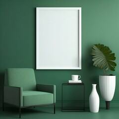 Blank picture frame mockup on green wall.  green living room.  Modern Scandinavian interior style. Made with Generative AI 
