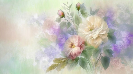 Fototapeta na wymiar pastel light background with flowers for spring greeting card. Generative AI