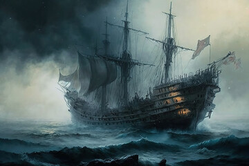 Nostalgic seascape ship oil painting Generative AI - obrazy, fototapety, plakaty