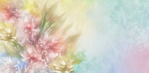 pastel light background with flowers for a spring greeting card with a copy space for text. Generative AI