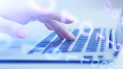 Digital technology concept. Laptop with script on virtual screen