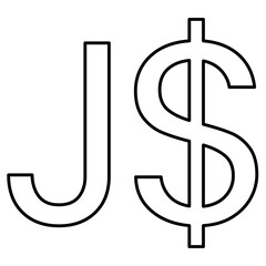 Jamaican dollar JMD currency sign black outline in front view isolated on white background. Currency by Central Bank of Jamaica. Clipart.