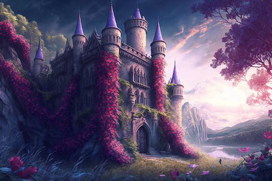 Vines and flowers wrapped around a beautiful gothic castle Generative AI