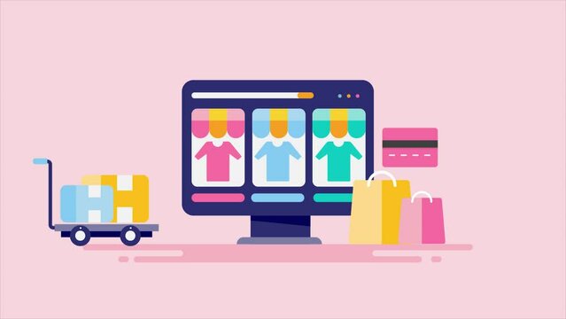 Ecommerce online store clothing, buy fashion clothes from computer pc, credit card payment trolley with delivery package 2d animation video.