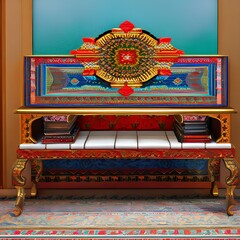 Obraz premium bohemian style vanity bench with colorful patterns and ethnic details1, Generative AI