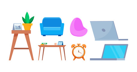 The accessories and furniture icons for working at home,