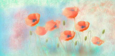 painted flowers on a light pastel background. Generative AI