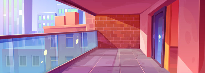 Empty apartment balcony interior with city view. Vector cartoon illustration of modern house or hotel building terrace with brick wall and glass door. Urban skyscrapers outside. Downtown background