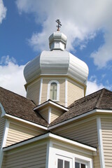 Fototapeta na wymiar white church steeple, Ukrainian Cultural Heritage Village, Alberta
