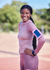 Fitness, runner and portrait of black student with a smile outdoor ready for running and race....