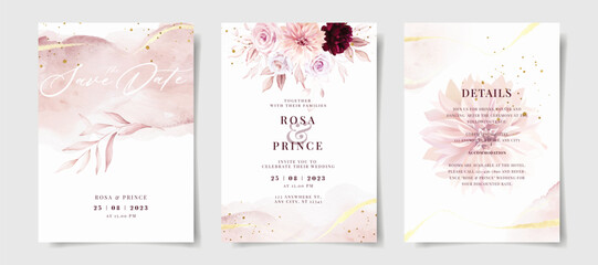 Fototapeta na wymiar Set of watercolor wedding invitation card template with pink and burgundy floral and leaves decoration