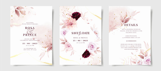 Set of watercolor wedding invitation card template with pink and burgundy floral and leaves decoration