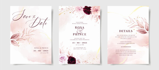 Set of watercolor wedding invitation card template with pink and burgundy floral and leaves decoration
