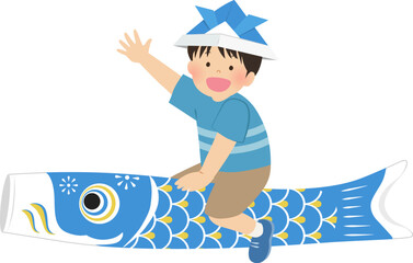 鯉のぼりに乗った男の子_こどもの日イメージ素材_ベクターイラスト