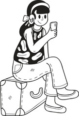 Hand Drawn Female tourist with suitcase and smartphone illustration in doodle style