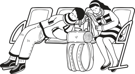 Hand Drawn Tourists waiting for the plane illustration in doodle style