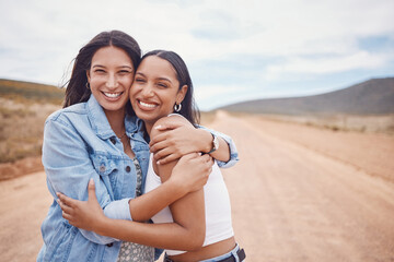 Portrait, hug and friends on a road trip with mockup on a dirt road outdoor in nature for adventure...