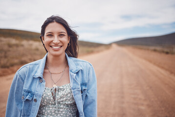 Woman, portrait smile and countryside travel for holiday break, vacation or road adventure journey in the outdoors. Happy female traveler smiling for fun traveling in joy for outing in dessert safari © Courtney/peopleimages.com