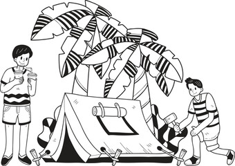 Hand Drawn group of tourists is setting up a tent in the forest illustration in doodle style