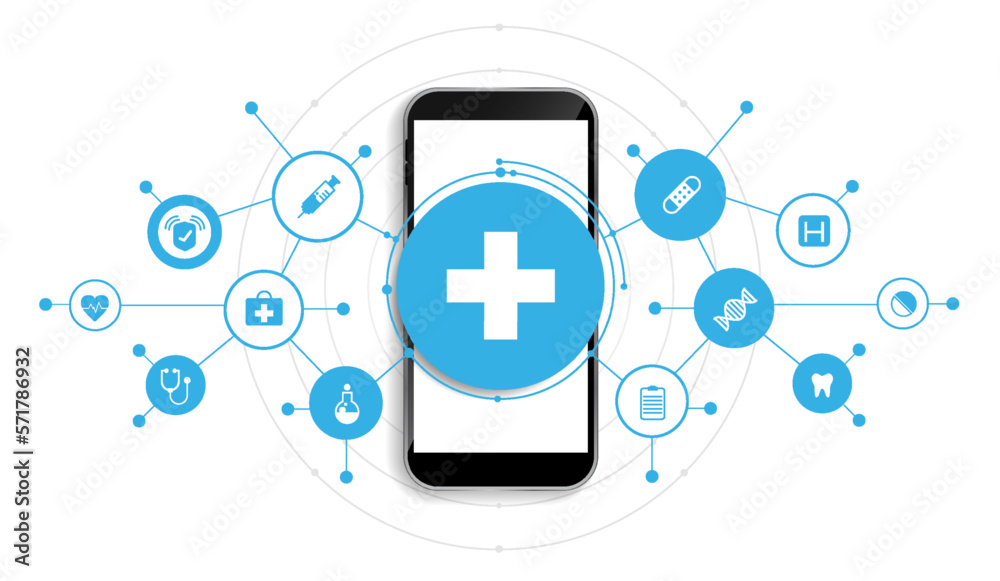 Wall mural healthcare and medicine technology with mobile or smartphone. phone screen with medical specialist a