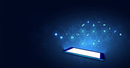 Healthcare and medicine technology with mobile or smartphone. phone screen with medical specialist and icons healthcare, cardiogram. medical video consultation with doctor through phone app. vector.