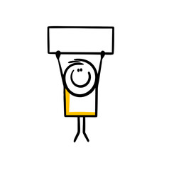 Funny cartoon stickman holds free space banner over his head in rising up hands.