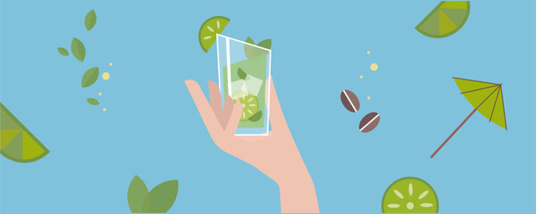 A woman's hand holds a glass of ice mojito. Refreshing drink in warm palms. Blue background with mint leaves and lime. Vector flat illustration. Cover, banner, flyer. © Tana