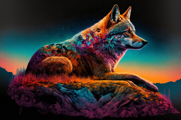 Colorful Wolf and Abstract Gradient Background: A Bright and Vivid Display Generated by AI