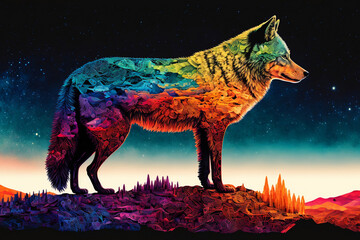 Colorful Wolf and Abstract Gradient Background: A Bright and Vivid Display Generated by AI