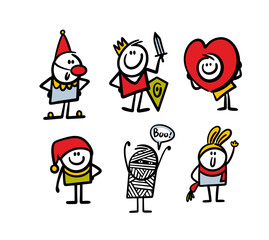 Set of cute cartoon children in creative costumes for the party on holiday.