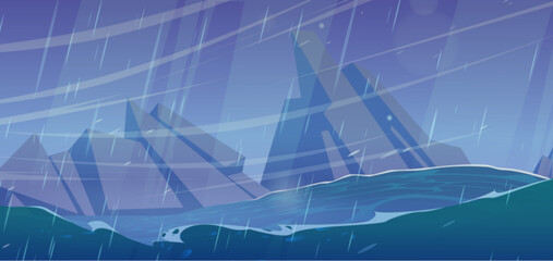 Stormy Caribbean sea cartoon landscape. Illustration of falling rain in ocean with danger rock on skyline. Blue scary wave vector background. Dramatic scene for game for nautical adventure.