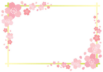 桜とグラデーションラインの四角フレーム 背景/うぐいす色