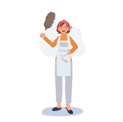 Professional Cleaner. Lady working as housekeeper is holding a dust remover stick. Flat vector illustration