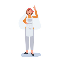 Professional Cleaner. people Character of Lady working as housekeeper is doing ok hand sign as a good job meaning. Flat vector illustration