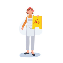 Professional Cleaner. people Character of Lady working as housekeeper holding warning sign 'caution wet floor'. Flat vector illustration