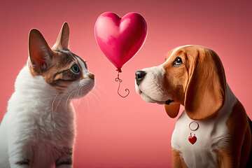 Cute dog and cat with valentine heart shape balloon on pink background, generative AI