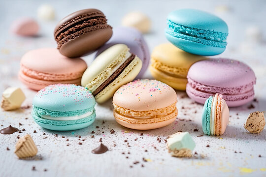 Colorful Pastel Macaroons on Light Background Sweets Patisserie, generative AI
