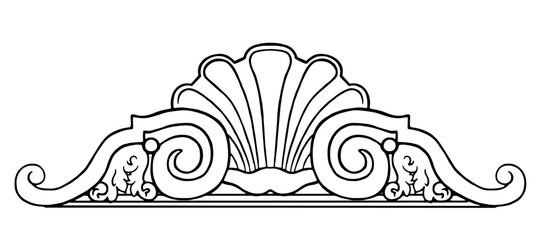 Decorative element in the form of a seashell. Natural motives with floral detail used in architecture. Black and white sketch in doodle style.