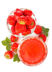 Cream bowl, bowl with fresh strawberries and sweet strawberry jelly against white background