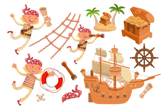 Set of cute pirates, ship, island with palm trees, chest of gold. Vector isolated icons on white background. Cartoon character for the design.