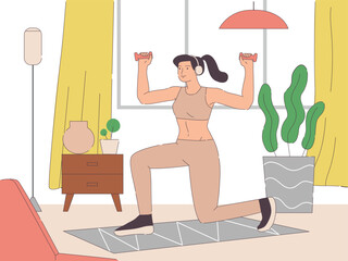 Cute young woman doing exercises with dumbbells at home. Healthy lifestyle concept. Hand drawn vector cartoon style illustration 