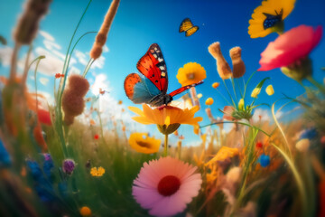 Fototapeta na wymiar Illustration of Monarch butterfly and wild flowers AI generated image.