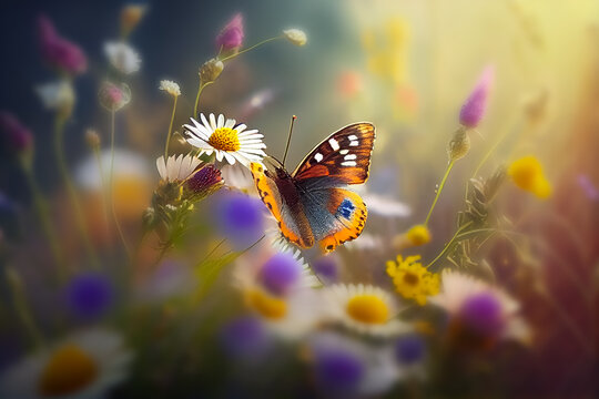 Illustration of Monarch butterfly and wild flowers AI generated image.