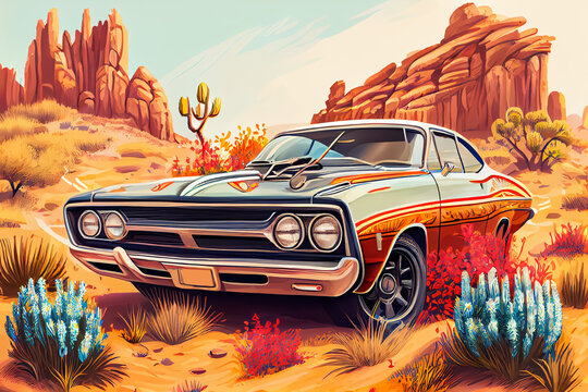 Illustration of classic muscle car in the desert, AI-generated image.
