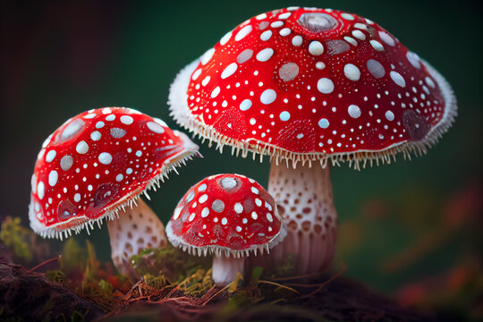 Close up view of three red fly agaric mushrooms, Ai generated image.