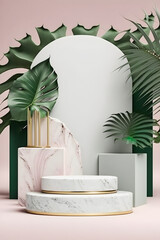 A luxurious mate white marble pink podium stage display mockup perfect for product presentation. Featuring a green tropical palm leaves illustration, it adds a touch of exotic glamour Generative AI