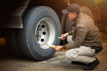Obraz na płótnie Canvas Truck Driver is Checking the Truck's Safety of Truck Wheels Tires. Rubber, Truck Tyres. Auto Mechanic. Truck Maintenance Inspection Safety Driving. Freight Trucks Transport 