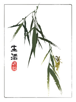 Mantis on a branch of Bamboo. Text - "Life", "Harmony". Vector illustration in traditional oriental style.